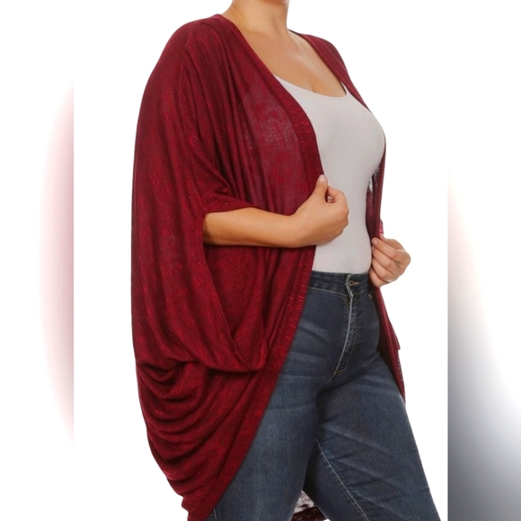 Curvaceous Open Cardigan w/ Kimono Sleeves - Burgundy - Picture 2 of 5